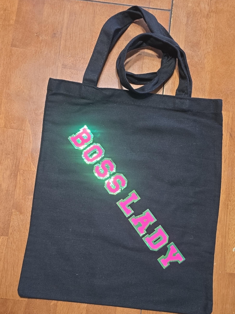 "Boss Lady" Black Heavy Canvas Tote Bag with Pink/Metallic Lettering